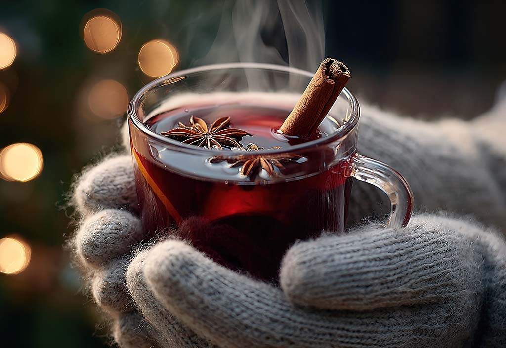 A close-up shot of a steaming mug of mulled wine, adorned with a cinnamon stick and star anise, held by hands (gender-neutral) in festive gloves, with blurred twinkling Christmas lights in the background, emphasizing cozy celebration.,8k ,high detail --chaos 10 --ar 16:9 --profile 6umr26l --v 7 Job ID: 543c2a7d-d522-4d3c-b149-a36c19de4ec2
