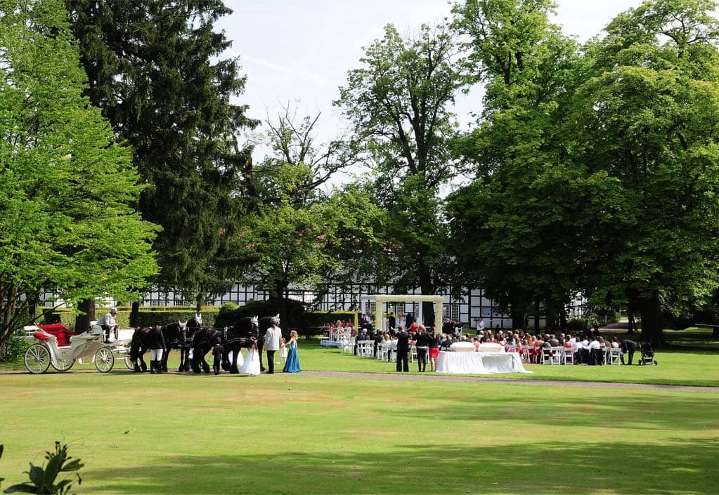 Hochzeitsgesellschaft Kutsche im Park Hochzeit im Gräflichen Park